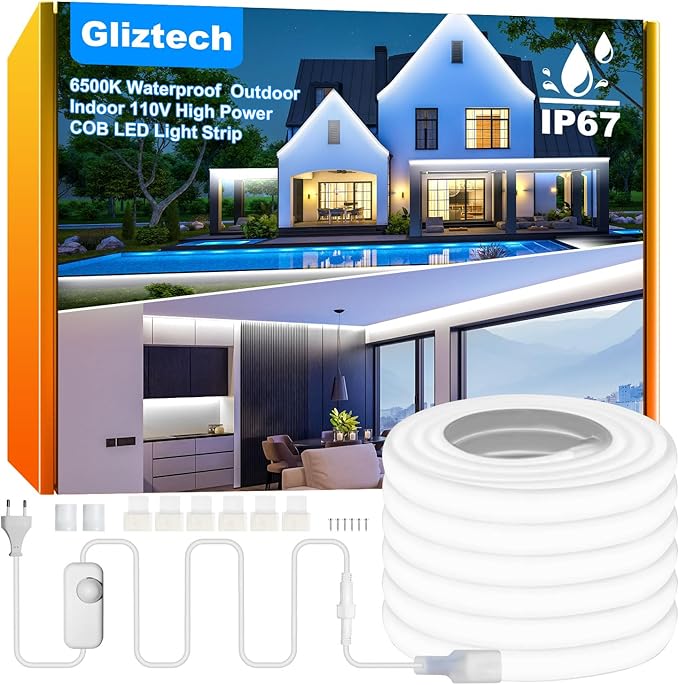 Gliztech IP67 Waterproof COB LED Strip Lights AC 110V-120V Direct Plug, 100FT Super Bright Outdoor Strip Lights with Double Fuse Controller, 6500K White LED Strips for Garden Patio Commercial Decor