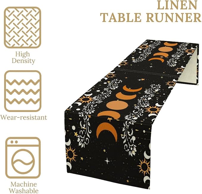 Boho Moon Phase Flower Kitchen Table Runner Non-Slip Rectangle Kitchen Black Bohemian Floral Printed Pattern for CoffeeDiningPartyWedding Table 13x90Inch