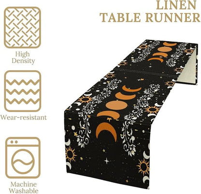 Boho Moon Phase Flower Kitchen Table Runner Non-Slip Rectangle Kitchen Black Bohemian Floral Printed Pattern for CoffeeDiningPartyWedding Table 13x108Inch