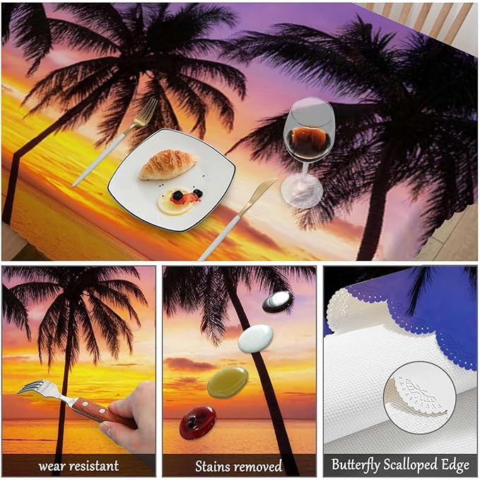Swono Palm Trees Rectangular Tablecloth Ocean Seascape Beach Palm Tree Sunset Non-Fading Table Cloth Kitchen Dining Room Table Cover for Party Picnic BBQ 50x72 Inch Tablecloths