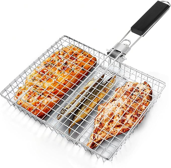 Fish Grilling Basket, Stainless Steel Grill Basket with Removable Handle, Portable Folding Grilling Rack for Outdoor Cooking Meat Vegetables Seafood BBQ