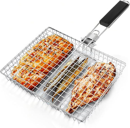 Fish Grilling Basket, Stainless Steel Grill Basket with Removable Handle, Portable Folding Grilling Rack for Outdoor Cooking Meat Vegetables Seafood BBQ
