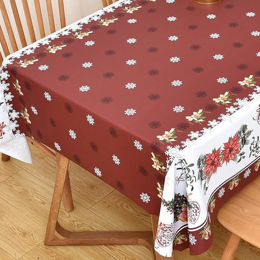 Christmas Table Cloth Rectangle Heavy Duty Vinyl Red Christmas Tablecloth Plastic Reusable Santa Tablecloth Wpieable Waterproof PVC Xmas Table Cover for Dining Party New Year(Red, 54"x72")