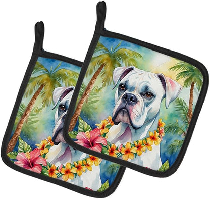 Caroline's Treasures White Boxer Luau Pair of Pot Holders Kitchen Heat Resistant Pot Holders Sets Oven Hot Pads for Cooking Baking BBQ, 7 1/2 x 7 1/2