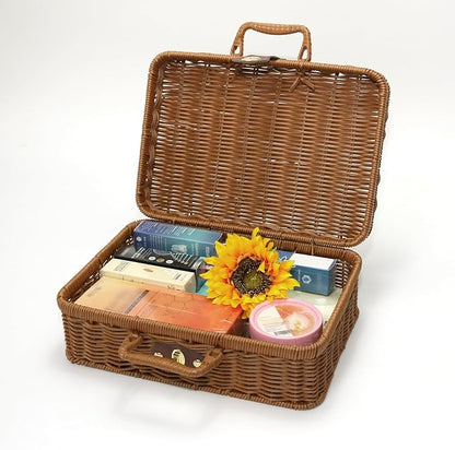 Mini Wicker Picnic Basket, Decorative Prop Suitcase Vintage Storage Hamper Makeup Organizer, 11.5" Metal Lock Plastic Rattan Storage Box with Handles for Sundries Travel Camping and Outdoor Party (L)