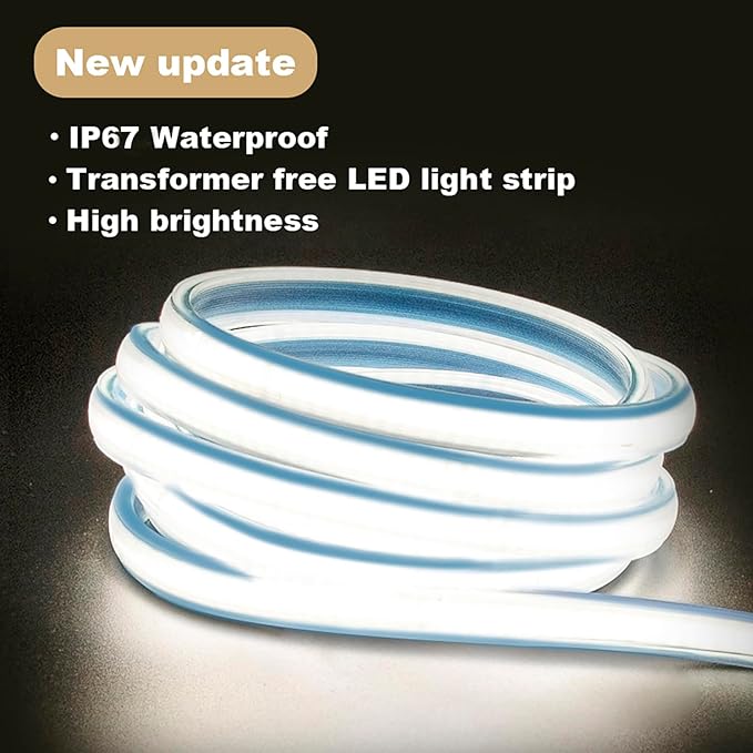 LED Strip Lights 32.8 Foot AC 110v Plug in Lights IP67 Outdoor Waterproof LED Light Strip 10m LED Strip with Bright White 4000k Lighting for Cabinets Bedroom Garden(White, 32.8ft)