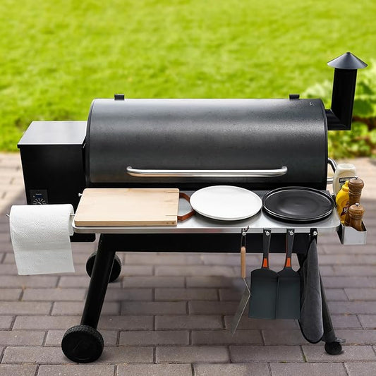 Stanbroil Stainless Steel Folding Shelf for Traeger Pro 34 Series, Texas Elite 34, Century 885, Upgraded Front Table with Caddy Organizer, Paper Towel Holder & Hooks Replacement for BAC363
