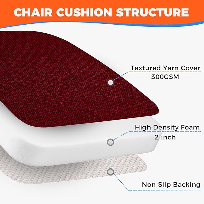 Sunsleek Chair Cushions for Dining Chairs, D-Shaped Seat Cushions with Removable Washable Cover and Ties, Chair Pads for Kitchen, Indoor Dining Room, Patio Chairs, 17'' x 16'', Set of 2, Red