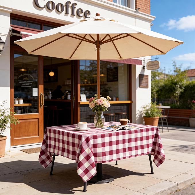SquarePie Outdoor Tablecloth with Umbrella Hole and Zipper Rectangle Waterproof Gingham Table Cloth Spillproof Table Cover for Camping Picnic Patio Poolside Garden BBQS, 52x70 Burgundy Red Checkered