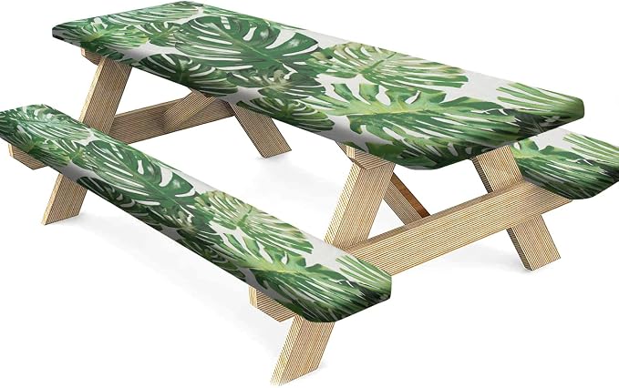 Tropical Picnic Table Cover with Bench Covers, 3 Pieces Set, Monstera Leaf Palm Tree Print Rectangular Picnic Fitted Tablecloth and Bench Covers, 72X28 Inch, Green, for Outdoor and Camping Use