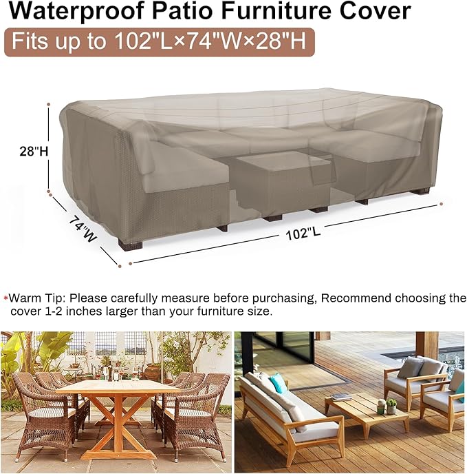 Mrrihand Heavy Duty Patio Furniture Covers, Outdoor Furniture Covers Waterproof Sectional Sofa Set , Patio Table and Chair Set Cover 102"L×74"W×28"H,Brown