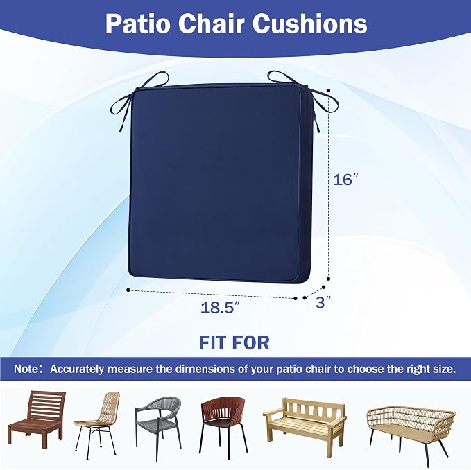 IASEAHK Patio Chair Cushions, 18.5" x 16" x 3" Outdoor Chair Cushions Set of 4, Waterproof Outdoor Cushions for Patio Furniture, Outdoors Seat Cushions with Handle and Ties, Navy Blue