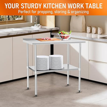 HOCCOT Stainless Steel Table 30" x 36" with Adjustable Undershelf and Backsplash, Commercial Metal Workstations for Kitchen, Garage, Outdoor BBQ