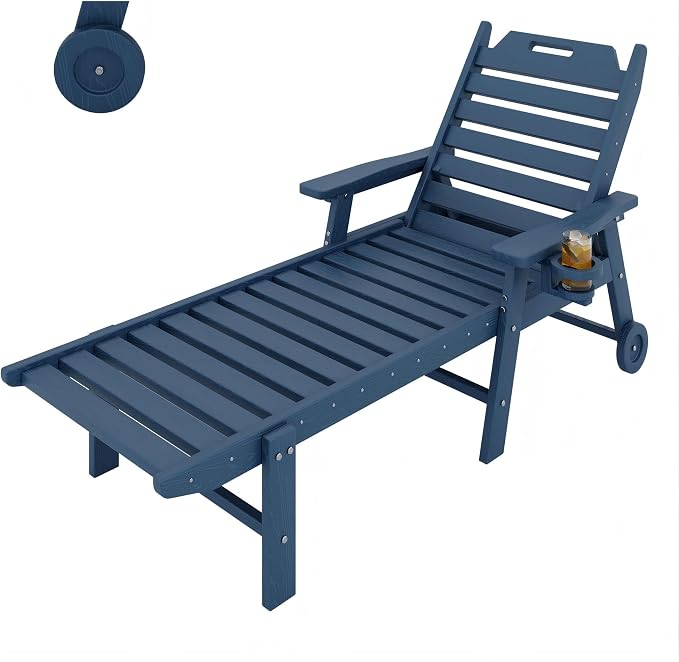 HDPE Lounge Chair Outdoor with Cup Holder, 5-Position Backrest & Wheels | All-Weather & Wood Textured for Patio Poolside Deck Backyard, Navy Blue