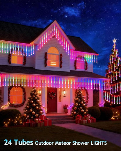 PEMOTech Christmas Lights Outdoor,24 Tubes 864 LED 20 Inch,Multicolor Meteor Shower Lights Outdoor,Waterproof Luces Navideñas para Exteriores,50 ft for Christmas Tree,Party,Garden Decor