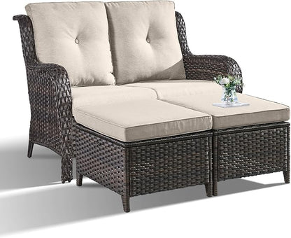 Outdoor Loveseat Sofa - 3 Piece Patio Furniture with Ottoman Deep Seating Patio Couch for Porch Deck Garden Backyard - Brown/Beige