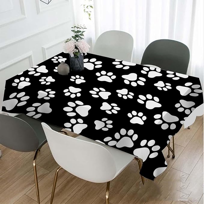 TKS MITLAN Dog Paw Tablecloth 60x84 Inch Rectangular Black White Cat Footprint Dog Paw Prints Oblong Table Cloth Kitchen Table Decorations for Home Dinner Party