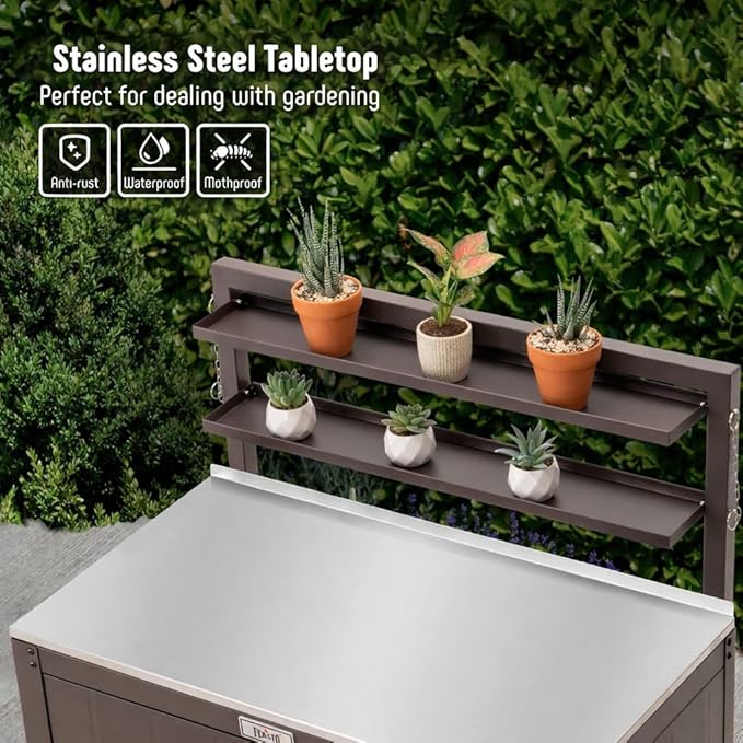 Feasto Outdoor Potting Bench Table with Storage Cabinet, Stainless Steel Garden Workstation, Raised-Edge Top, Adjustable Shelf & Removable Hutch for Patio, Balcony & Outdoor Workspace, Brown
