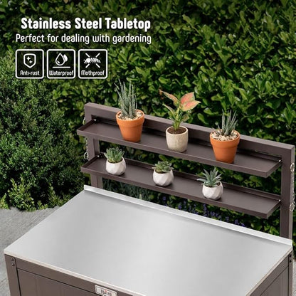 Feasto Outdoor Potting Bench Table with Storage Cabinet, Stainless Steel Garden Workstation, Raised-Edge Top, Adjustable Shelf & Removable Hutch for Patio, Balcony & Outdoor Workspace, Brown