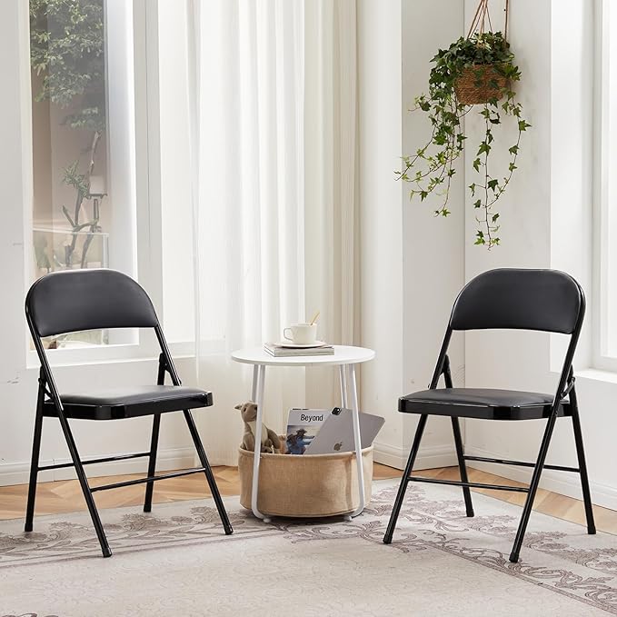 DUMOS 4 Pack Leather Padded Folding Chair, Portable & Stackable Foldable Chairs Sets with Steel Frame, for Indoor Outdoor Events, Home, Office, Party, Black