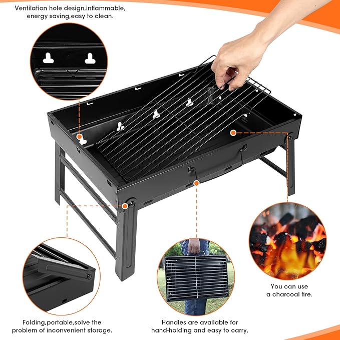 Charcoal Grill, Portable Charcoal Barbecue Grill, Foldable Suitable for Outdoor Camping BBQ, Beach Barbecue, UTEN Smoker Grill for Outdoor Cooking, Camping Hiking Picnics, Black