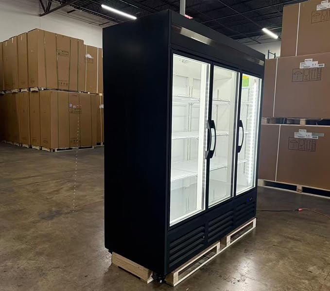71” Wide Commercial Beverage Refrigerator Display Fridge, Three Glass Door Merchandiser Drink Cooler With LED Light 9 Adjustable Shelves,ETL Sanitation,63.5 Cu Ft,BLACK,Wheels Included