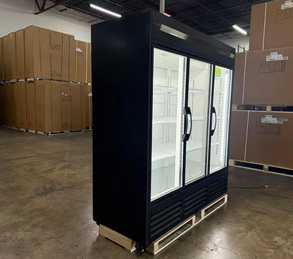 71” Wide Commercial Beverage Refrigerator Display Fridge, Three Glass Door Merchandiser Drink Cooler With LED Light 9 Adjustable Shelves,ETL Sanitation,63.5 Cu Ft,BLACK,Wheels Included