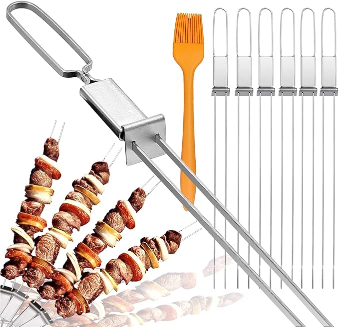 Kabob Skewers - 17" 12 Pack Metal Skewers For Kabobs with Push Bar Double Pronged Anti-Roll Flat BBQ Skewer for Grilling Stainless Steel Reusable Kebab Skewer for Meat Shrimp Chicken Veggie
