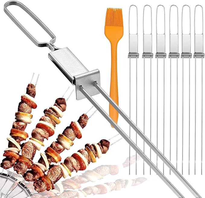 Metal Skewers, 17"（10PCS), Double Pronged Flat Stainless Steel with Slider