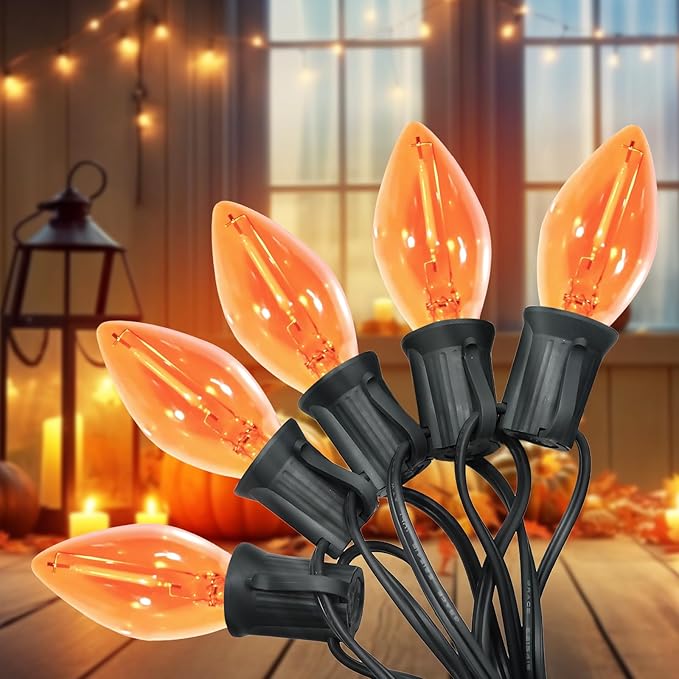 C7 Christmas Lights, Led Clear Orange Halloween Outdoor String Lights, 25FT Commercial Grade Patio Light with 27 C7 Bulbs, Hanging Lights for Indoor Outside Porch Xmas Tree Thanksgiving Décor