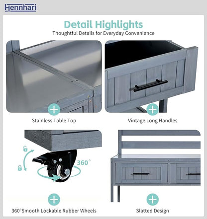 62.3'' Outdoor Kitchen Island with Stainless Steel Top and Raised Shelf, Potting Bench with Drawers and Wheels, Grill Prep Table for BBQ, Patio, Party (Grey Blue)