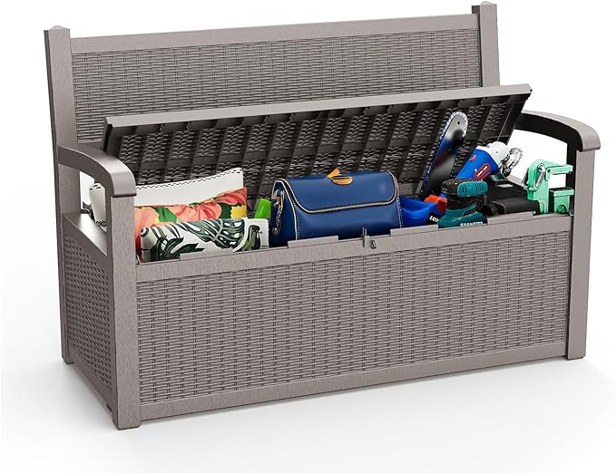PatioZen 80 Gallon Outdoor Storage Bench Deck Box Waterproof Lockable,Outdoor Storage Furniture for Patio,Garden and Porch,Tools and Cushions（ Grey）