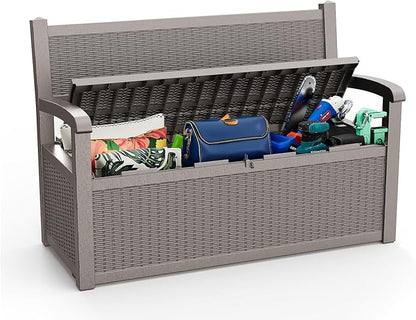 PatioZen 80 Gallon Outdoor Storage Bench Deck Box Waterproof Lockable,Outdoor Storage Furniture for Patio,Garden and Porch,Tools and Cushions（ Grey）