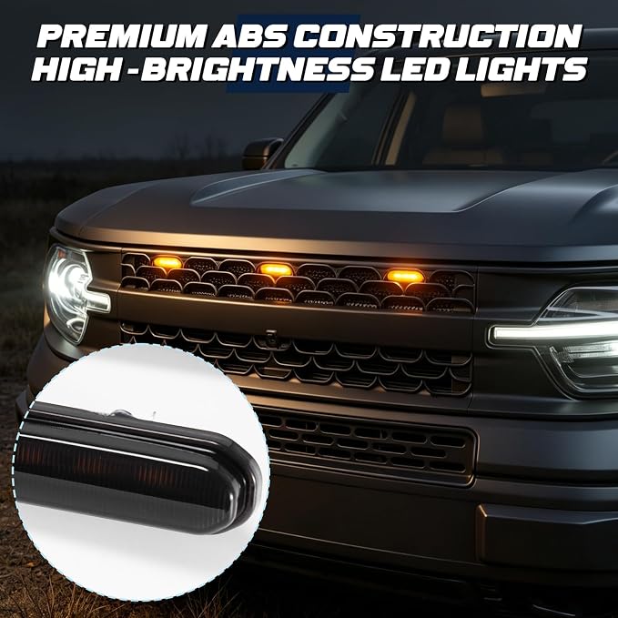 Front LED Grill Lights Compatible with Ford Bronco Accessories 2021 2022 2023 2024 2025 2/4-Door Badlands Wildtrak Everglades, Black, 3PCS