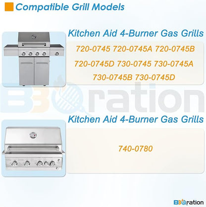 Replacement Kit for Kitchen Aid 720-0745B 740-0780 860-0012 720-0745 720-0745A, 7MM Solid Stainless Steel Cooking Grates, Burners and Heat Plates for Kitchenaid Grill Replacement Parts