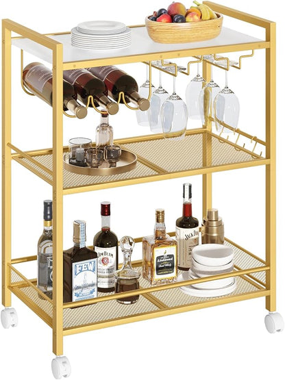 Joaxswe Bar Cart,3-Tier Home Bar Serving Cart with Lockable Wheels,Gold | Microwave Cart,Mobile Kitchen Shelf,Rolling Beverage Cart with Wine Rack and Glass Holder for Kitchen,Dinning Room