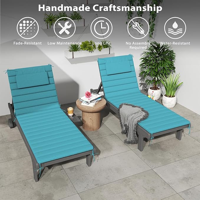 Sundale Outdoor Olefin Quilted Lounge Cushion Set of 4, Patio Foldable Chaise Lounger Cushion, Water-Resistant Lounge Chair Pad with Straps Teal, 80 x 26 inches