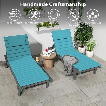 Sundale Outdoor Olefin Quilted Lounge Cushion Set of 4, Patio Foldable Chaise Lounger Cushion, Water-Resistant Lounge Chair Pad with Straps Teal, 72 x 21 inches