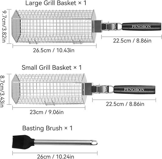 Hexagonal Rolling Grilling Basket Set, 2 PCS Stainless Steel BBQ Grill Baskets with Removable Wooden Handles, Large & Small Nestable Design for Outdoor Camping, Ideal for Vegetables, Meat & Seafood on Gas/Charcoal Grill