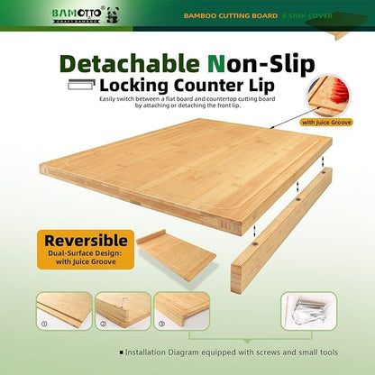 BAMOTTO CRAFTBAMBOO 12.6x22 Inch Bamboo Cutting Board, Over Sink Stove Cover, Detachable Non-Slip Front Lip, Reversible Dual Juice Grooves, Countertop Extension for Small Kitchen RV Camper, 6.04 lbs