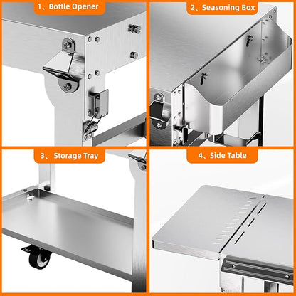 Electactic Food Grade 304 Stainless Steel BBQ Grill Carts fits 22'' Tabletop Griddle, Outdoor grill Table with 4 Foldable Legs, Portable Grill Stand for RV, Camping, Tailgating
