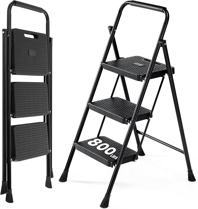 DUMOS 3 Step Ladder, Sturdy Step Stool with Anti-Slip Pedal & Comfortable Handrail, Portable Heavy Duty Stool for Kitchen, Garage & Outdoor, 800lbs, Black
