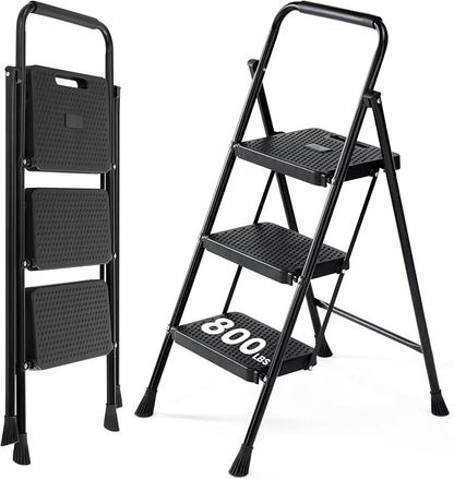 DUMOS 3 Step Ladder, Sturdy Step Stool with Anti-Slip Pedal & Comfortable Handrail, Portable Heavy Duty Stool for Kitchen, Garage & Outdoor, 800lbs, Black