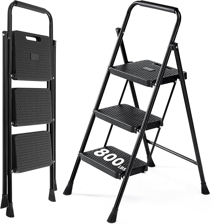 OLIXIS 3 Step Ladder, 880lbs Heavy Duty Step Stool with Anti-Slip Pedal | Portable Stepping Stool with Sturdy Ladder & Comfortable Handrail, for Kitchen, Garage & Outdoor Use, Black