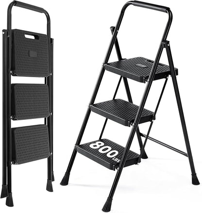 OLIXIS 3 Step Ladder, 800lbs Foldable Step Stool with Anti-Slip Pedal | Heavy Duty Portable Stepping Stool with Sturdy Steel Ladder & Handrail, for Kitchen, Garage, Outdoor Use - Black