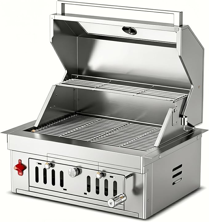27-IN Premium Portable 304 Stainless Steel Built-in Charcoal Grill with Adjustable Charcoal Tray, Large Front Access Door, Side Vents, and Viewing Window,Ideal for Outdoor Family BBQ Gatherings