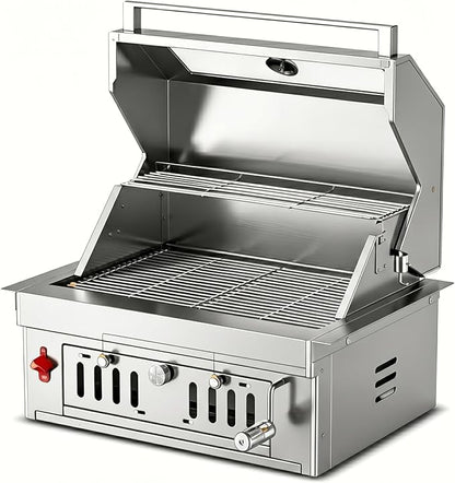 27-IN Premium Portable 304 Stainless Steel Built-in Charcoal Grill with Adjustable Charcoal Tray, Large Front Access Door, Side Vents, and Viewing Window,Ideal for Outdoor Family BBQ Gatherings