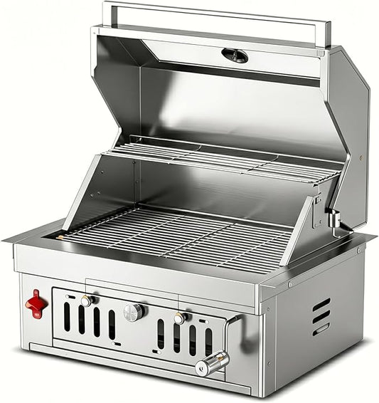 27-IN Premium Portable 304 Stainless Steel Built-in Charcoal Grill with Adjustable Charcoal Tray, Large Front Access Door, Side Vents, and Viewing Window,Ideal for Outdoor Family BBQ Gatherings