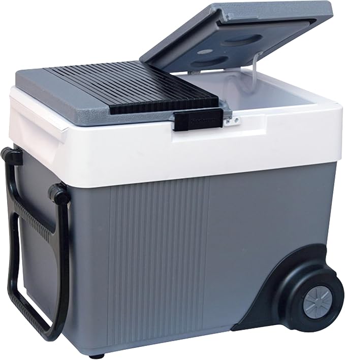 Koolatron Thermoelectric Iceless 12V Cooler/Warmer 33 qt (31 L) w/Wheels, Portable Electric Rolling Car Fridge w/ 12 Volt DC Power Cord, Grey/White, Travel Road Trips Camping, Made in North America