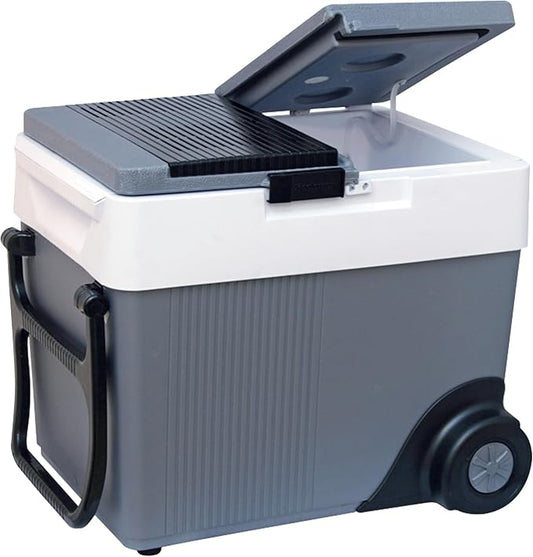 Koolatron Thermoelectric Iceless 12V Cooler/Warmer 33 qt (31 L) w/Wheels, Portable Electric Rolling Car Fridge w/ 12 Volt DC Power Cord, Grey/White, Travel Road Trips Camping, Made in North America